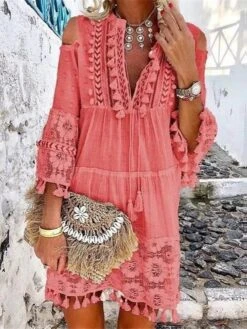 Women's Shift Dress Boho Dress Mini Dress White Yellow Pink 3/4 Length Sleeve Pure Color Tassel Fringe Summer Spring V Neck Vacation Loose Fit 2023 S M L XL XXL 3XL 4XL 5XL -Casual Print Dress Sales yfheim1657266461629