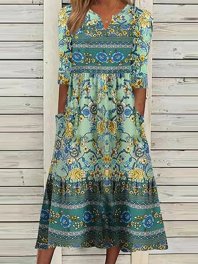 Women's Casual Dress Ethnic Dress Summer Dress Floral Ruched Pocket V Neck Midi Dress Vintage Ethnic Outdoor Daily 3/4 Length Sleeve Loose Fit Blue Purple Green Summer Spring S M L XL XXL 1 Women's Casual Dress Ethnic Dress Summer Dress Floral Ruched Pocket V Neck Midi Dress Vintage Ethnic Outdoor Daily 3/4 Length Sleeve Loose Fit Blue Purple Green Summer Spring S M L XL XXL