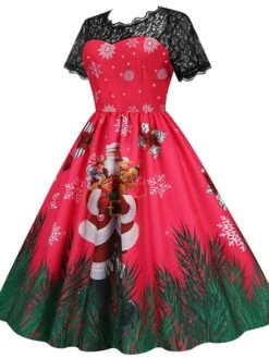 Women's Christmas Swing Dress Vintage DressKnee Length Dress Green Wine Dark Green Fuchsia Red Black Short Sleeve Santa Claus Snowman Snowflake Lace Print Fall Winter V Neck Vacation Vintage 2022 S -Casual Print Dress Sales yfkdbo1665293369618