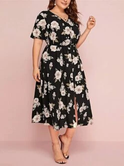 Women‘s Plus Size Curve Casual Dress A Line Dress Floral Dress Floral Midi Dress Short Sleeve Print V Neck Fashion Daily Black White Spring Summer L XL XXL 3XL -Casual Print Dress Sales yfxbbk1672800353502