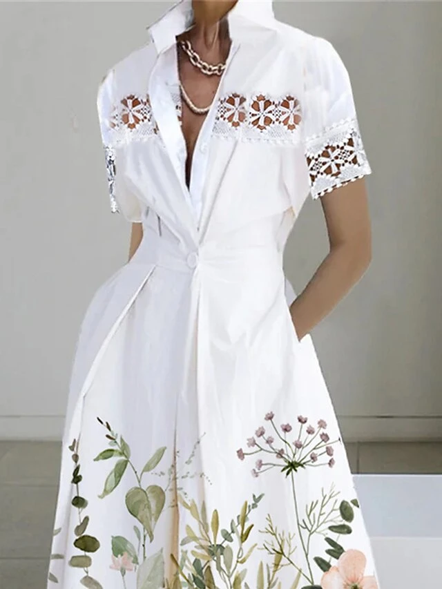 Women's Shirt Dress Casual Dress Work Dress Midi Dress Outdoor Office Daily Polyester Fashion Modern Shirt Collar Lace Patchwork Short Sleeve Summer Spring 2023 Regular Fit White Floral S M L XL XXL 2 Women's Shirt Dress Casual Dress Work Dress Midi Dress Outdoor Office Daily Polyester Fashion Modern Shirt Collar Lace Patchwork Short Sleeve Summer Spring 2023 Regular Fit White Floral S M L XL XXL - Image 2