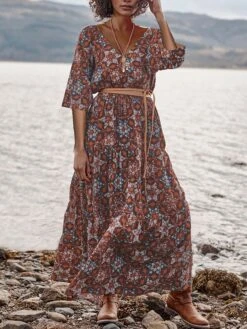 Women's Casual Dress Swing Dress Print Dress Floral Print V Neck Long Dress Maxi Dress Fashion Streetwear Outdoor Daily 3/4 Length Sleeve Loose Fit Red Fall Winter S M L XL XXL