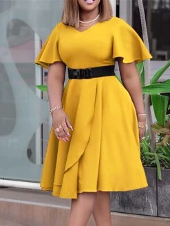 Women‘s Plus Size Curve Flattering Dresses Elegant Apple Shaped Dress Wedding Guest Work Dress Pure Color V Neck Ruffle Short Sleeve Spring Fall Work Knee Length Dress Going Out Work Dress -Casual Print Dress Sales yhnjqj1666680379186