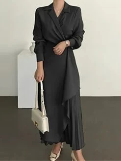 Women's Casual Dress Wrap Dress Plain Dress Long Dress Maxi Dress Pleated Outdoor Street Daily Fashion Streetwear Shirt Collar Long Sleeve 2023 Regular Fit Black Brown Apricot Color S M L XL XXL Size -Casual Print Dress Sales yiaogq1690460925067
