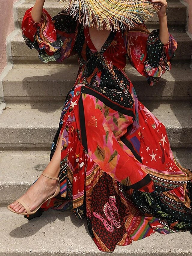 Women's Long Dress Maxi Dress Casual Dress Swing Dress Boho Dress Floral Streetwear Casual Outdoor Daily Holiday Print Long Sleeve V Neck Dress Regular Fit Red Summer Spring S M L XL 2 Women's Long Dress Maxi Dress Casual Dress Swing Dress Boho Dress Floral Streetwear Casual Outdoor Daily Holiday Print Long Sleeve V Neck Dress Regular Fit Red Summer Spring S M L XL - Image 2