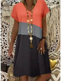 Women's Shift Dress Midi Dress Yellow Orange Khaki Short Sleeve Color Block Patchwork Summer Spring V Neck Hot Loose Fit 2023 S M L XL XXL 3XL 4XL 5XL