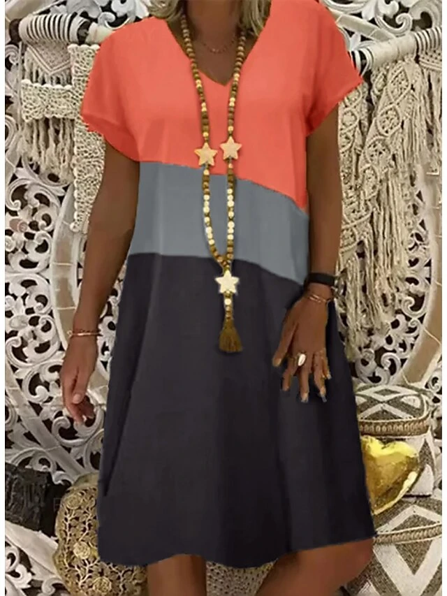 Women's Shift Dress Midi Dress Yellow Orange Khaki Short Sleeve Color Block Patchwork Summer Spring V Neck Hot Loose Fit 2023 S M L XL XXL 3XL 4XL 5XL 1 Women's Shift Dress Midi Dress Yellow Orange Khaki Short Sleeve Color Block Patchwork Summer Spring V Neck Hot Loose Fit 2023 S M L XL XXL 3XL 4XL 5XL
