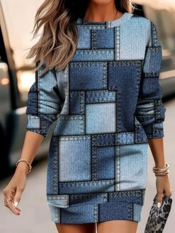 Women's Casual Dress Sweatshirt Dress Mini Dress Warm Fashion Outdoor Vacation Going Out Crew Neck Print Geometric Loose Fit Royal Blue Blue Purple S M L XL XXL