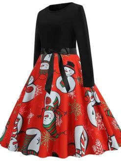 Women's Christmas Casual Dress Swing Dress Vintage Dress Midi Dress Green Blue Light Red Long Sleeve Santa Claus Bow Winter Fall Autumn V Neck Slim 2022 S M L XL XXL 3XL -Casual Print Dress Sales yjrjej1666776945603