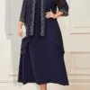 Women's Plus Size Curve Party Dress Two Piece Dress Chiffon Dress Plain Long Dress Maxi Dress 3/4 Length Sleeve Crew Neck Fashion Party Dark Blue Fall Winter L XL XXL 3XL 4XL