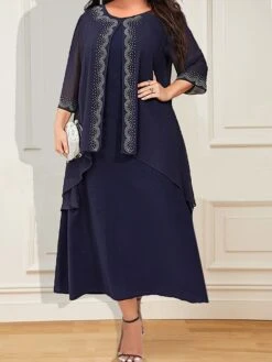 Women's Plus Size Curve Party Dress Two Piece Dress Chiffon Dress Plain Long Dress Maxi Dress 3/4 Length Sleeve Crew Neck Fashion Party Dark Blue Fall Winter L XL XXL 3XL 4XL