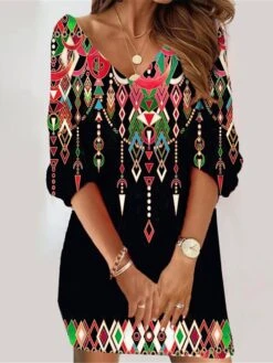 Women's Casual Dress Ethnic Dress Summer Dress Floral Color Block Print V Neck Mini Dress Vintage Ethnic Outdoor Daily 3/4 Length Sleeve Loose Fit Black Yellow Wine Summer Spring S M L XL XXL -Casual Print Dress Sales yktvqg1689247548123