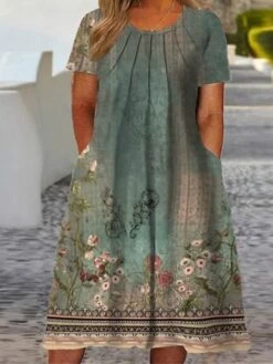Women‘s Plus Size Curve Casual Dress A Line Dress Floral Midi Dress Short Sleeve Ruched Pocket Crew Neck Fashion Daily White Green Summer Spring L XL XXL 3XL