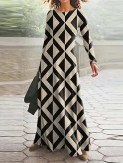 Women's Casual Dress Winter Dress A Line Dress Floral Geometric Print Crew Neck Long Dress Maxi Dress Fashion Modern Outdoor Daily Long Sleeve Regular Fit Black Red Blue Fall Winter S M L XL XXL