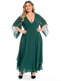 Women‘s Plus Size Curve Casual Dress Swing Dress Plain Long Dress Maxi Dress 3/4 Length Sleeve Layered V Neck Basic Outdoor Dark Green Summer Spring L XL XXL 3XL 4XL -Casual Print Dress Sales ylynmx1694771210441