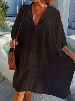 Women's Swimwear Cover Up Beach Top Normal Swimsuit UV Protection Modest Swimwear Button Pure Color White Black Bathing Suits New Casual Vacation / Modern 20 Women's Swimwear Cover Up Beach Top Normal Swimsuit UV Protection Modest Swimwear Button Pure Color White Black Bathing Suits New Casual Vacation / Modern -Casual Print Dress Sales ymtneh1642659071221