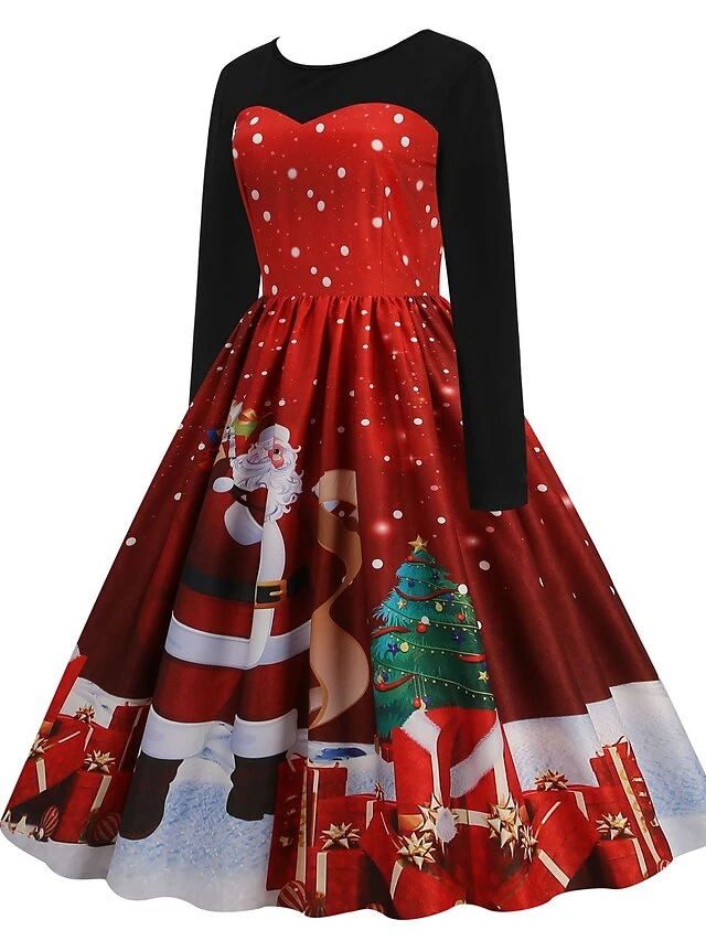 Women's Christmas Swing Dress Midi Dress Black Long Sleeve Santa Claus Print Winter Fall Autumn Crew Neck Modern 2022 S M L XL 2XL 3XL 2 Women's Christmas Swing Dress Midi Dress Black Long Sleeve Santa Claus Print Winter Fall Autumn Crew Neck Modern 2022 S M L XL 2XL 3XL - Image 2