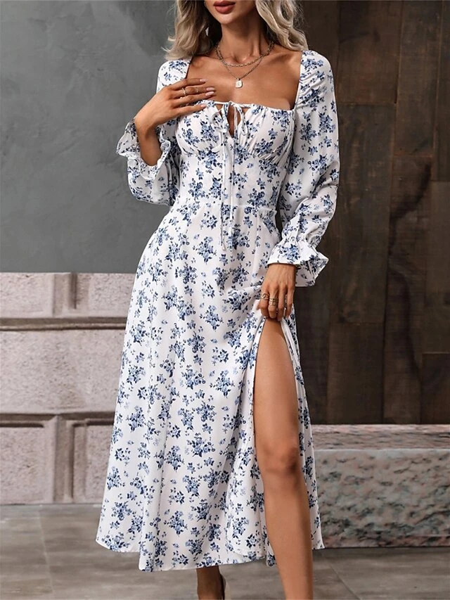 Women's Long Dress Maxi Dress Casual Dress Floral Dress Floral Casual Daily Holiday Vacation Split Print Long Sleeve Square Neck Dress Regular Fit White Blue Purple Summer Spring S M L XL 15 Women's Long Dress Maxi Dress Casual Dress Floral Dress Floral Casual Daily Holiday Vacation Split Print Long Sleeve Square Neck Dress Regular Fit White Blue Purple Summer Spring S M L XL - Image 15