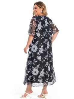 Women‘s Plus Size Curve Casual Dress Lace Dress Dress Set Floral Midi Dress 3/4 Length Sleeve Print Crew Neck Fashion Office Black Summer Spring L XL XXL 3XL 4XL -Casual Print Dress Sales yohyed1694770749756