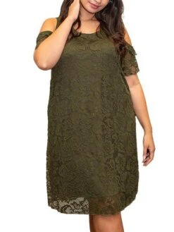 Women's Plus Size Curve Casual Dress Lace Dress A Line Dress Plain Mini Dress Short Sleeve Lace Patchwork V Neck Fashion Outdoor ArmyGreen Blue Fall Winter XL XXL 3XL 4XL -Casual Print Dress Sales yombxh1695025628581