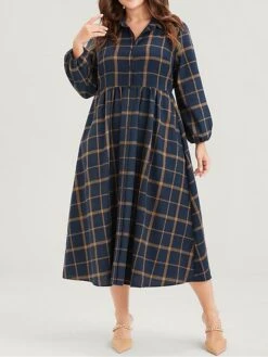 Women's Plus Size Curve Shirt Dress Casual Dress Swing Dress Plaid Midi Dress Long Sleeve Button Pocket Shirt Collar Fashion Outdoor Dark Blue Fall Winter L XL 2XL 3XL 4XL -Casual Print Dress Sales ypjcyu1697164654025