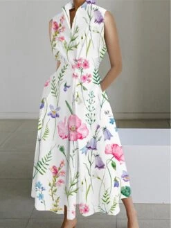 Women's Shirt Dress Casual Dress Maxi Long Dress Outdoor Office Business Polyester Fashion Modern Shirt Collar Button Pocket Sleeveless Summer Spring 2023 Regular Fit White Pink Blue Floral S M L XL -Casual Print Dress Sales yplvik1689850638672