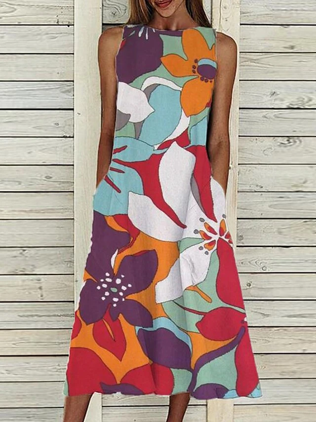 Women‘s A Line Dress Midi Dress Sleeveless Floral Pocket Cold Shoulder Print Spring Summer Round Neck Casual Vintage Going Out 2023 S M L XL XXL Cotton 5 Women‘s A Line Dress Midi Dress Sleeveless Floral Pocket Cold Shoulder Print Spring Summer Round Neck Casual Vintage Going Out 2023 S M L XL XXL Cotton - Image 5