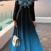 Women's Casual Dress Swing Dress A Line Dress Graphic Ombre Print V Neck Long Dress Maxi Dress Fashion Streetwear Outdoor Daily Long Sleeve Regular Fit Pink Blue Green Fall Winter S M L XL XXL