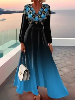 Women's Casual Dress Swing Dress A Line Dress Graphic Ombre Print V Neck Long Dress Maxi Dress Fashion Streetwear Outdoor Daily Long Sleeve Regular Fit Pink Blue Green Fall Winter S M L XL XXL