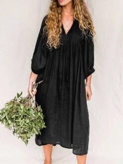 Women's Shirt Dress Casual Dress Midi Dress Outdoor Daily Date Cotton Basic Classic V Neck Ruched Long Sleeve Fall Winter 2023 Loose Fit Black Green Apricot Pure Color S M L XL -Casual Print Dress Sales ypwfcl1695096314967
