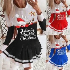 Women's Christmas Swing Dress Blue Red Black Long Sleeve Letter Santa Claus Elk Pleated Print Winter Fall Crew Neck Stylish Romantic Fall Dress Loose Fit 2022 S M L XL XXL / Winter Dress