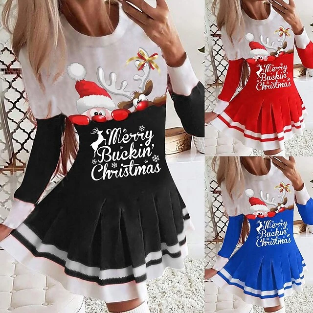 Women's Christmas Swing Dress Blue Red Black Long Sleeve Letter Santa Claus Elk Pleated Print Winter Fall Crew Neck Stylish Romantic Fall Dress Loose Fit 2022 S M L XL XXL / Winter Dress 1 Women's Christmas Swing Dress Blue Red Black Long Sleeve Letter Santa Claus Elk Pleated Print Winter Fall Crew Neck Stylish Romantic Fall Dress Loose Fit 2022 S M L XL XXL / Winter Dress