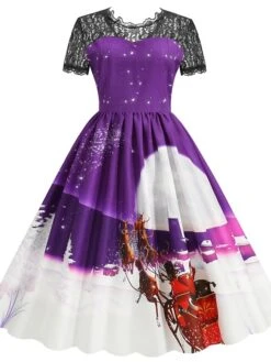 Women's Christmas Casual Dress Swing Dress Midi Dress Blue Purple Red Short Sleeve Elk Print Lace Print Winter Fall Crew Neck Vacation Vintage 2022 S M L XL XXL 3XL -Casual Print Dress Sales yqnvoz1666597366337