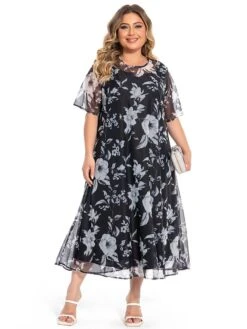 Women‘s Plus Size Curve Casual Dress Lace Dress Dress Set Floral Midi Dress 3/4 Length Sleeve Print Crew Neck Fashion Office Black Summer Spring L XL XXL 3XL 4XL -Casual Print Dress Sales yqomnz1694770753052