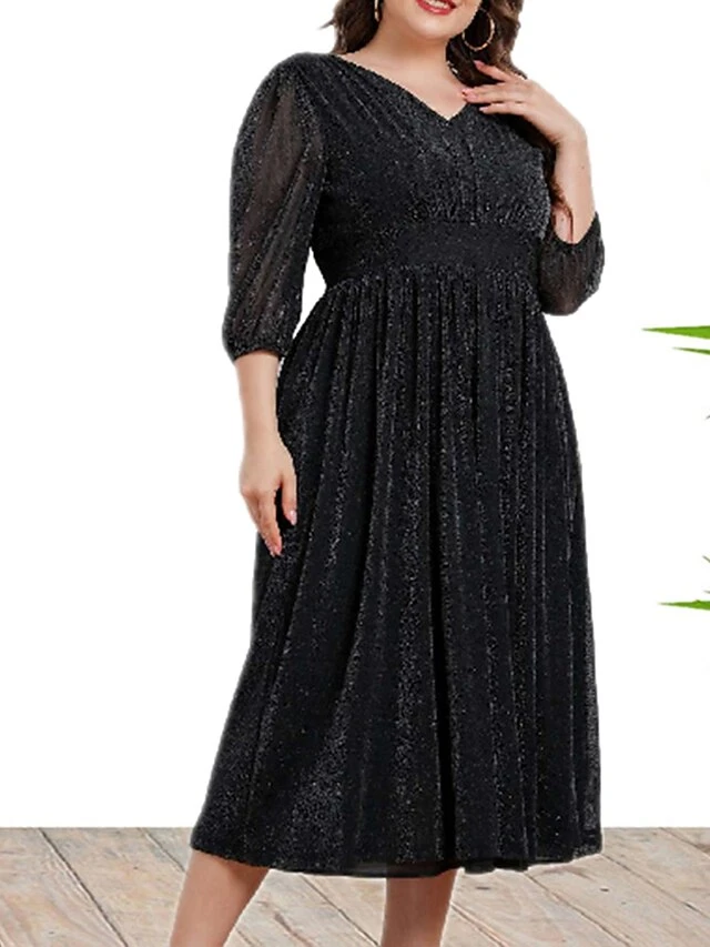 Women's Plus Size Curve Party Dress Black Dress A Line Dress Solid Color Midi Dress 3/4 Length Sleeve Ruched Patchwork V Neck Fashion Wedding Black Spring Fall XL XXL 3XL 4XL 2 Women's Plus Size Curve Party Dress Black Dress A Line Dress Solid Color Midi Dress 3/4 Length Sleeve Ruched Patchwork V Neck Fashion Wedding Black Spring Fall XL XXL 3XL 4XL - Image 2