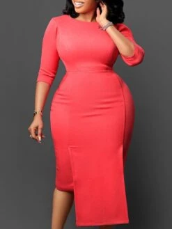 Women‘s Plus Size Curve Work Dress Bodycon Sheath Dress Solid Color Midi Dress 3/4 Length Sleeve Crew Neck Fashion Office White Pink Summer Spring L XL XXL 3XL -Casual Print Dress Sales yrrwse1679550419107