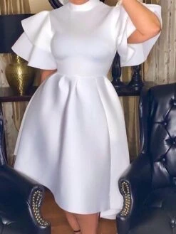 Women‘s Plus Size Curve Party Dress Solid Color Turtleneck Ruched Short Sleeve Spring Fall Stylish Elegant Prom Dress Midi Dress Formal Party Dress