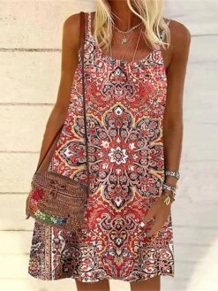 Women's Casual Dress Summer Dress Slip Dress Tribal Drawstring Print Strap Mini Dress Fashion Holiday Vacation Sleeveless Loose Fit Pink Red Blue Summer Spring S M L XL XXL