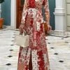 Women's Casual Dress Shift Dress Print Dress Floral Button Pocket Shirt Collar Long Dress Maxi Dress Fashion Elegant Street Daily Long Sleeve Loose Fit Red Spring Fall S M L XL