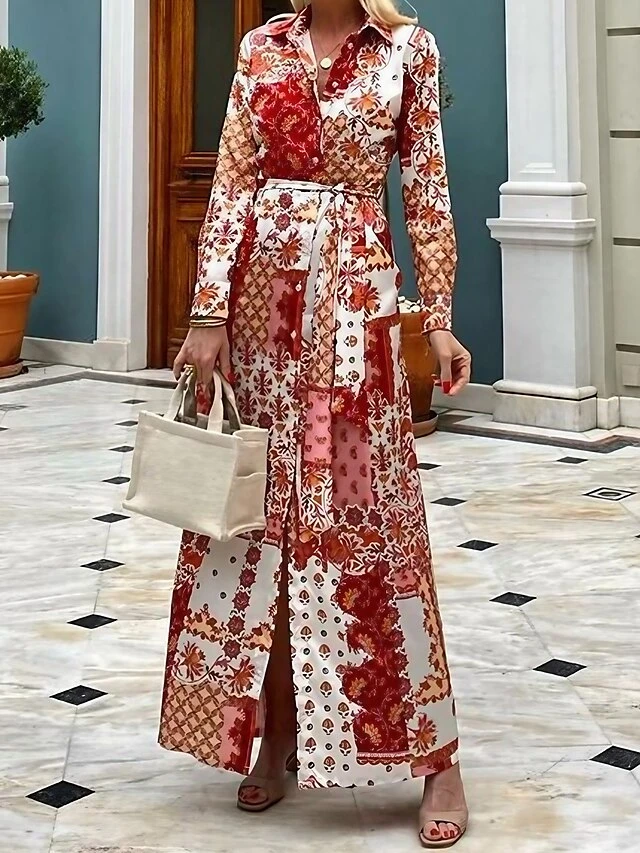 Women's Casual Dress Shift Dress Print Dress Floral Button Pocket Shirt Collar Long Dress Maxi Dress Fashion Elegant Street Daily Long Sleeve Loose Fit Red Spring Fall S M L XL 1 Women's Casual Dress Shift Dress Print Dress Floral Button Pocket Shirt Collar Long Dress Maxi Dress Fashion Elegant Street Daily Long Sleeve Loose Fit Red Spring Fall S M L XL
