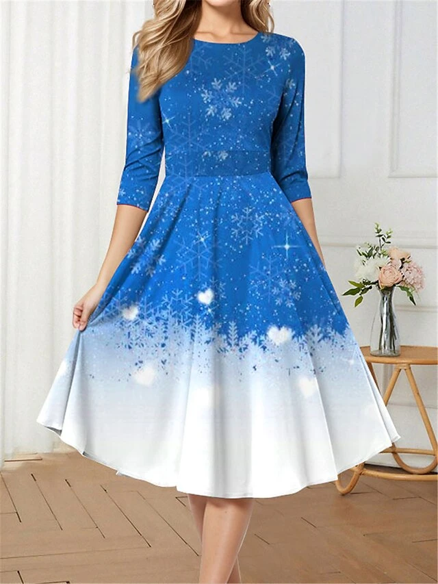 Women's Retro 1950s Vintage Dress Midi Dress Christmas Daily Print Snowflake Crew Neck 3/4 Length Sleeve Slim Spring Fall 2023 Wine Blue S M L XL 3 Women's Retro 1950s Vintage Dress Midi Dress Christmas Daily Print Snowflake Crew Neck 3/4 Length Sleeve Slim Spring Fall 2023 Wine Blue S M L XL - Image 3