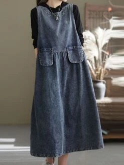 Women's Denim Dress Swing Dress Denim Overall Pinafore Dress Maxi Long Dress Cotton Denim Casual Daily Holiday Vacation Crew Neck Pocket Sleeveless Summer Spring 2023 Loose Fit Black Blue Pure Color -Casual Print Dress Sales yskqzo1653381097922