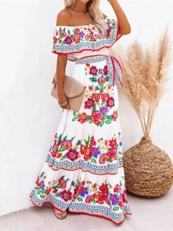Women's Boho Dress Beach Dress Beach Wear Long Dress Maxi Dress Ruffle Print Boho Casual Floral Off Shoulder Short Sleeve Loose Fit Outdoor Daily Black White 2023 Spring Summer S M L XL -Casual Print Dress Sales ysvhul1675160137451