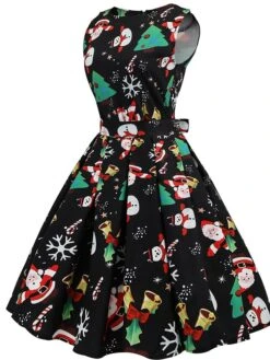 Women's Christmas Swing Dress Knee Length Dress Black SleevelessSnowman Candy Zipper Bow Print Fall Spring Round Neck VintageParty 2021 S M L XL XXL XXXL -Casual Print Dress Sales ysvrhm1628230560609