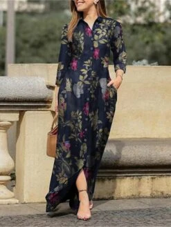 Women's Shirt Dress Casual Dress Linen Dress Maxi Long Dress Winter Dress Daily Holiday Cotton Linen Modern Casual Shirt Collar Pocket Print Long Sleeve Summer Spring Fall 2023 Regular Fit Yellow -Casual Print Dress Sales ytjqad1646823273474