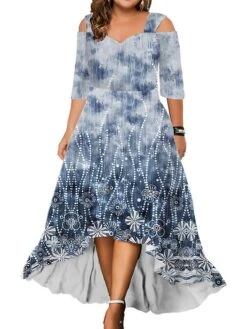 Women‘s Plus Size Curve Party Dress Wedding Guest Dress Swing Dress Long Dress Maxi Dress Blue Light Purple Purple 3/4 Length Sleeve Floral Cold Shoulder Summer Spring Fall V Neck Fashion Birthday -Casual Print Dress Sales ytoybt1690428398004