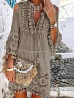 Women's Shift Dress Boho Dress Mini Dress White Yellow Pink 3/4 Length Sleeve Pure Color Tassel Fringe Summer Spring V Neck Vacation Loose Fit 2023 S M L XL XXL 3XL 4XL 5XL -Casual Print Dress Sales yujrzb1681444576153