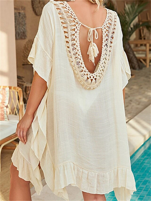 Women's Cover Up Beach Dress Beach Wear Mini Dress Tassel Fringe Ruffle Hoty Plain V Neck Half Sleeve Regular Fit Vacation Beach Black White 2023 Spring Summer 4 Women's Cover Up Beach Dress Beach Wear Mini Dress Tassel Fringe Ruffle Hoty Plain V Neck Half Sleeve Regular Fit Vacation Beach Black White 2023 Spring Summer - Image 4