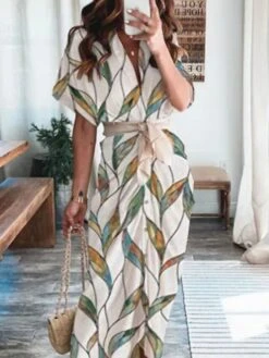 Women's Shirt Dress Sheath Dress Midi Dress Daily Vacation Polyester Fashion Formal V Neck Tie Belt Print Short Sleeve Summer Spring 2023 Regular Fit White Leaf S M L XL 2XL -Casual Print Dress Sales yupaxl1684398088780