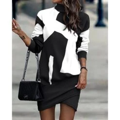 Women's Sweatshirt Dress Winter Dress Shift Dress Midi Dress Black And White Black Gray Black And White Stripes 3/4 Length Sleeve Print Print Fall Winter Autumn Turtleneck Fashion 2023 S M L XL 2XL -Casual Print Dress Sales yuqlpl1692265334897